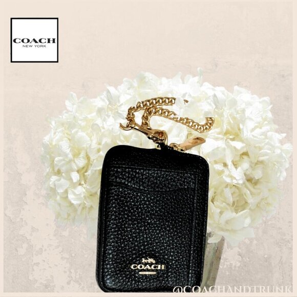 COACH Zip Card Case Black Pebble Leather Gold Accents Detachable Chain - Picture 1 of 7